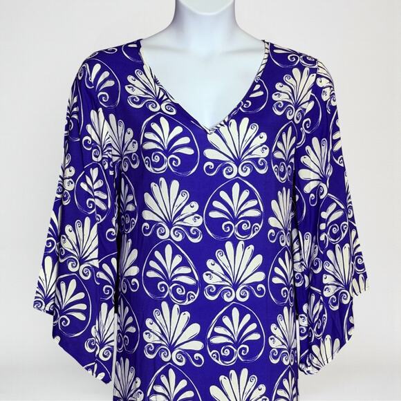 Aelia Anna Greek Print Kaftan Blue White Maxi Dress VNeck Resort Cruise One Size - Picture 2 of 9